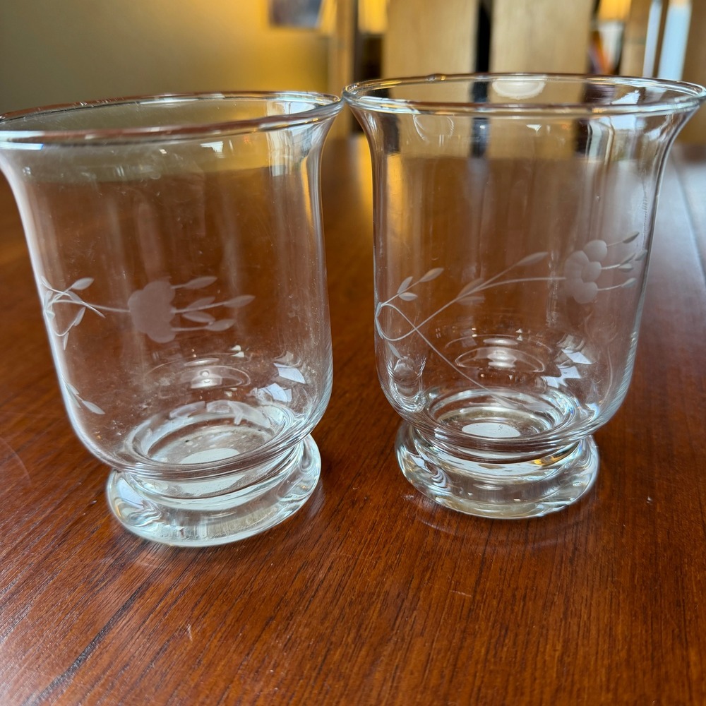 Princess House Exclusive Etched Floral Clear Glass Votive Hurricane Set of 2